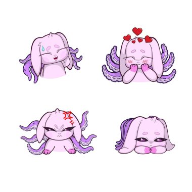 Sırtında ahtapot dokunaçları büyüyen dört pembe tavşandan oluşan bir set, her biri farklı duygular sergiliyor: utanmış, kızgın, üzgün ve sevecen. Tuhaf ve gerçeküstü bir karakter tasarımı..