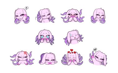 Sırtında ahtapot dokunaçları büyüyen, her biri farklı bir duygu ya da jest ifade eden 10 adet pembe tavşan: utangaç, kızgın, üzgün, şefkatli, ağlayan, şüpheci, utangaç, kendini beğenmiş, el sallayan ve elveda diyen