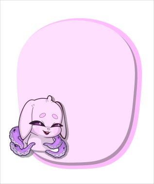 Sırtından büyüyen dokunaçları olan sevimli, sinsi yüzlü bir tavşanı olan pastel pembe metin çerçevesi. Tuhaf ve gerçeküstü bir tasarım..