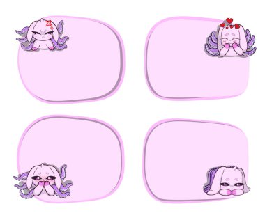 Sırtında dokunaçları büyüyen kurnaz bir tavşanın yer aldığı pastel pembe metin çerçeveleri. Tuhaf ve gerçeküstü bir stil..