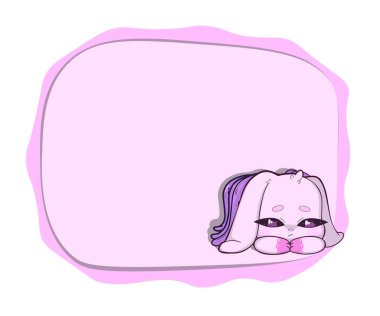 Sırtından büyüyen dokunaçları olan sevimli, üzgün bir tavşanı olan Pastel pembe metin çerçevesi. Tuhaf ve gerçeküstü bir tasarım..