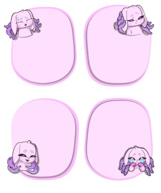 Sırtında dokunaçları büyüyen kurnaz bir tavşanın yer aldığı dört adet pastel pembe metin çerçevesi. Tuhaf ve gerçeküstü bir stil..