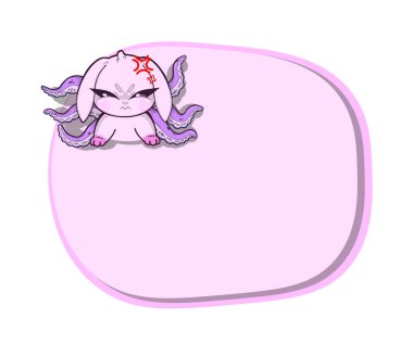 Sırtından büyüyen dokunaçları olan sevimli, kızgın bir tavşanı olan Pastel pembe metin çerçevesi. Tuhaf ve gerçeküstü bir tasarım..