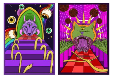 Fazladan gözleri, renkli tünelleri, yüzen gözleri, yılanları, canlı retro renkleri ve soyut rüya benzeri kozmik ortamları olan gerçeküstü hayvanlarla dolu saykodelik poster seti..