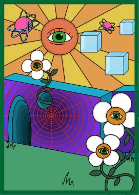 Göz çiçekleri, her şeyi gören bir güneş ve merkezde canlı renkler ve gerçeküstü elementlerle çevrili gizemli bir duvar bulunan psikedelik soyut çizimler..