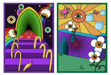 Gerçeküstü gözlere, renkli tünellere, geometrik şekillere, optik elementlere, çiçek açan çiçeklere, canlı gradyanlara ve cesur retro tarzı rüya gibi manzaralara sahip psikedelik posterler..