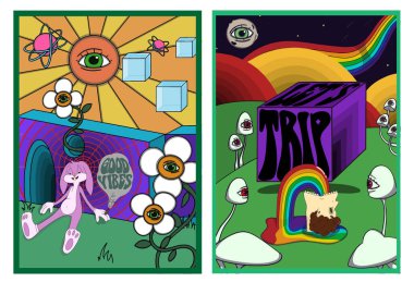 Kafası güzel pembe bir tavşanın olduğu bir poster seti gökkuşağı kusan gerçek üstü bir yüzle göz küresi mantarları, canlı renkler ve tuhaf retro elementlerle çevrili..