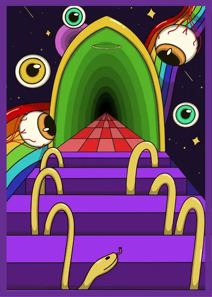 Yüzen göz küreleri, gökkuşağı ve tünel, kırmızı kareli bir yol ve kozmik bir ortamda mor basamaklarda garip sarı yılan benzeri şekiller içeren psikedelik gerçeküstü bir illüstrasyon.