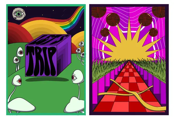 Psikedelik poster seti mor bir küp ile çarpıtılmış yazılar, sürreal kırmızı döşeme, kozmik yıldız sembolü, canlı renkler, ve görseller gibi cesur geçmişe dönük rüyalar içerir..