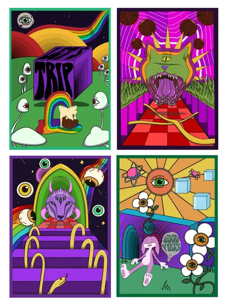 Trippy küp tasarımları, sürreal mantar sanatı, gökkuşağı aksanları, kozmik sahneler, çarpık harfler ve kalın retro rüya estetiği içeren renkli saykodelik poster koleksiyonu.