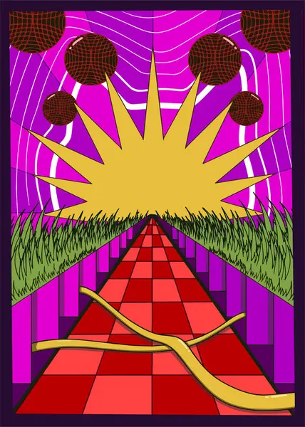 Kırmızı kareli bir yol ile sürreal soyut illüstrasyon, parlak sarı güneş patlaması, yüzen koyu küreler, ve geometrik bir manzara tarzında canlı mor ve yeşil arkaplan.