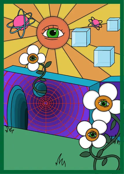 Göz çiçekleri, her şeyi gören bir güneş ve merkezde canlı renkler ve gerçeküstü elementlerle çevrili gizemli bir duvar bulunan psikedelik soyut çizimler..