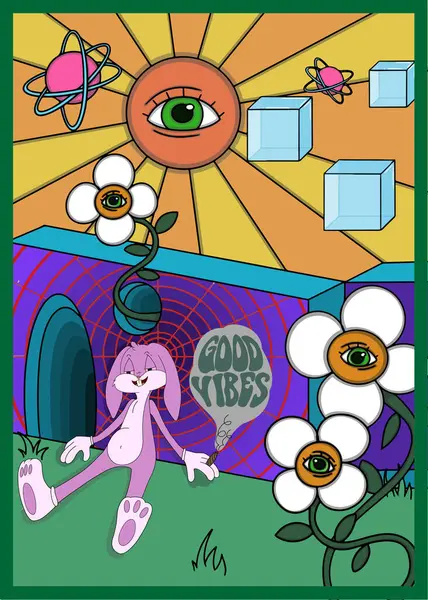 Göz çiçekleri, her şeyi gören bir güneş, garip bir merkez duvar ve canlı ve rüya gibi bir manzarada geçen gerçeküstü pembe bir tavşan içeren psikedelik bir çizim..