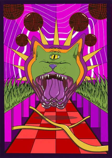 Kırmızı kareli bir yol ile sürreal soyut illüstrasyon, parlayan güneş patlaması, yüzen karanlık küreler, ve merkezinde mistik bir kedi kafası, canlı geometrik bir manzara,.