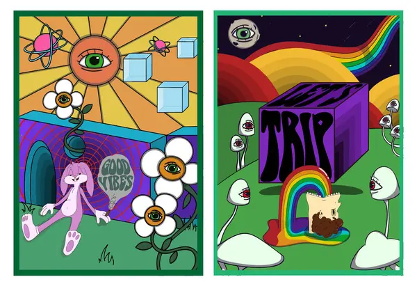 Kafası güzel pembe bir tavşanın olduğu bir poster seti gökkuşağı kusan gerçek üstü bir yüzle göz küresi mantarları, canlı renkler ve tuhaf retro elementlerle çevrili..