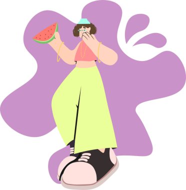 Yaz modasında stilize kadın karakter sanatsal mor arka planda karpuz tutuyor