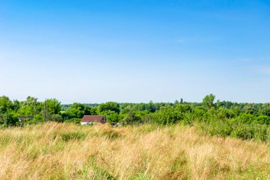 Doğal arka planda terk edilmiş güzel bir çiftlik evi, terk edilmiş eski bir çiftlik evi, gökyüzünün üzerinde terk edilmiş eski bir çiftlik evi.