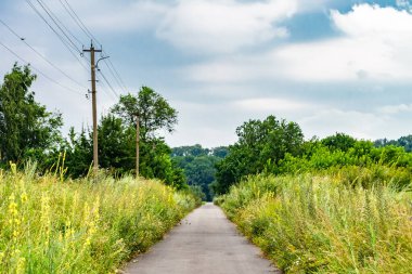 Renkli arka planda güzel boş asfalt yol, kırsal alandan geçen yeni boş asfalt yol, yeşillik kırsalında hız arabası için boş asfalt yol.