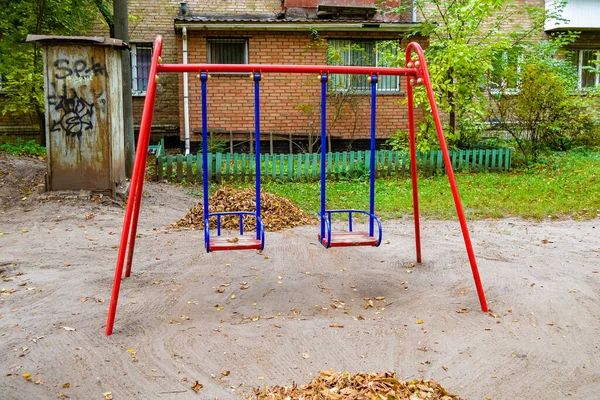 Photography Theme Empty Playground Metal Swing Kids Background Natural Nature — Photo