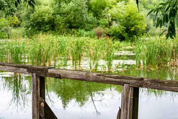 stock image Beautifully standing old wooden bridge over river in colored background close up, photography consisting of old wooden bridge above river in foliage, old wooden bridge at river for natural wild park