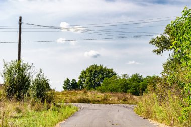 Renkli arka planda güzel boş asfalt yol, kırsal alandan geçen yeni boş asfalt yol, yeşillik kırsalında hız arabası için boş asfalt yol.