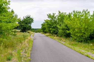 Renkli arka planda güzel boş asfalt yol, kırsal alandan geçen yeni boş asfalt yol, yeşillik kırsalında hız arabası için boş asfalt yol.