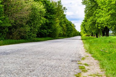 Renkli arka planda güzel boş asfalt yol, kırsal alandan geçen yeni boş asfalt yol, yeşillik kırsalında hız arabası için boş asfalt yol.