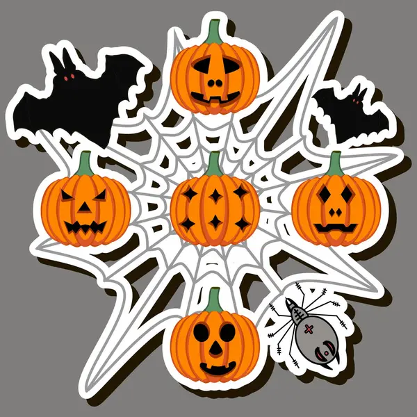 Illustrazione Adesivo Tema Festa Divertente Halloween Con Zucche Arancioni — Vettoriale Stock
