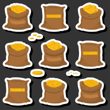 Tema üzerine resim büyük renkli setler farklı tipte çantalar, tam çuval bozukluklar, çuval deseni açık çantalara yığılmış altın sikkeler, çuvallar içinde depolanması için ana aksesuarlar