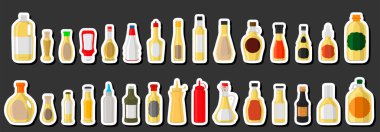 Büyük resim seti çeşitli cam şişeler sıvı beyaz şarap sirkesi, beyaz şarap sirkesinden yapılmış şişeler, başlıklar için boş etiketler, plastik mantarlı beyaz şarap sirkesi