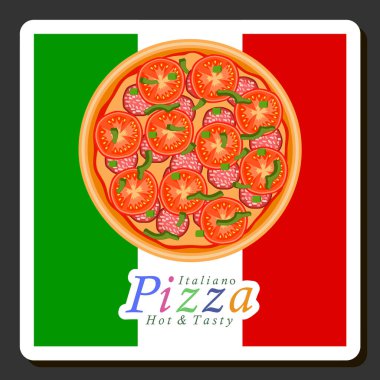 Tema üzerine resim: Pizzacıya büyük, sıcak, lezzetli pizza menüsü, çıtır hamur, kırmızı domates, Alman sosisi, şampiyon mantarları ve daha birçok malzemeden oluşan İtalyan pizzası.