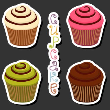 Tema üzerine illüstrasyon. Farklı tipte tatlı meyveli kek. Krem şantili kek.