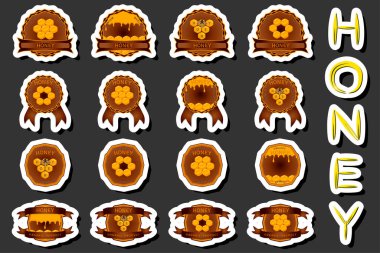 Şekerin bal peteğinde arıyla akışının etiketi üzerine bir illüstrasyon, bal peteğinden arıya, bal peteğinden büyük parlak etikete, bal peteğinden bal kovanına kadar yapışkan baldan oluşan etiketler.