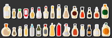 Tema üzerine illüstrasyon büyük cam şişeler sıvı sos tartar, sos tartardan oluşan şişeler, başlıklar için boş etiketler, plastik tıpalı soslu sos tartartarı