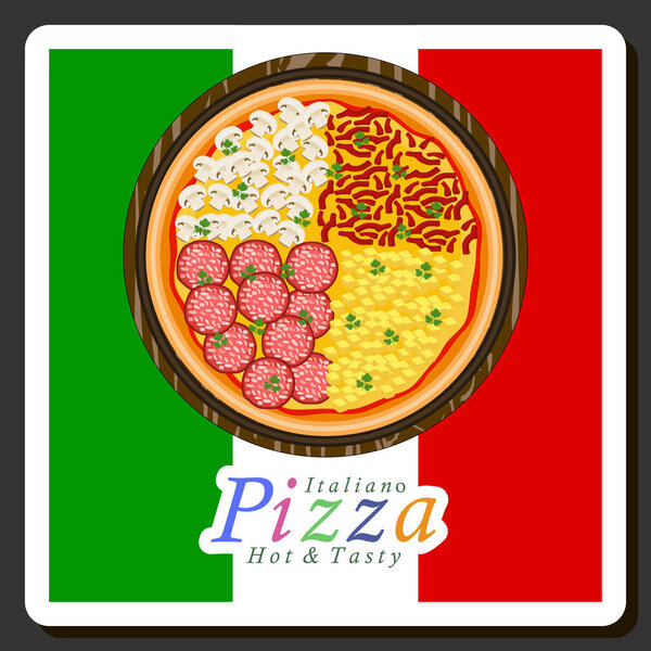 Illustration on theme big hot tasty pizza to pizzeria menu, Italian pizza consisting of various ingredients such as crispy baked dough, red tomato, German sausage, champignon mushrooms and much more