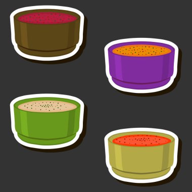 Tema üzerine resim. Büyük set. Çeşitli malzemelerden oluşan lezzetli, yenilebilir, et suyu ve sebze çorbaları.