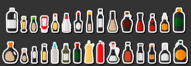 Tema üzerine çizim çeşitli cam şişeler sıvı soya sosu, soya sosundan oluşan şişeler, başlıklar için boş etiketler, plastik mantarlı soya sosu ve lezzetli fast food yemekleri.