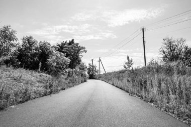 Renkli arka planda güzel boş asfalt yol, kırsal alandan geçen yeni boş asfalt yol, yeşillik kırsalında hız arabası için boş asfalt yol.