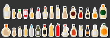 Tema üzerine resim, çeşitli cam şişeler kalın sos mayonezi, sos mayonezinden oluşan şişeler, başlıklar için boş etiketler, plastik mantarlı soslu mayonez.