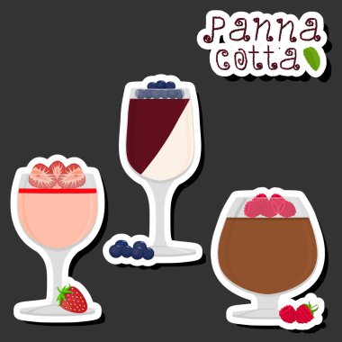 Çeşitli malzemelerden oluşan jöleli panna cotta temalı bir resim, tatlı yemek pudingi pudingi, puding içinde taze meyve jölesi Panna Cotta.