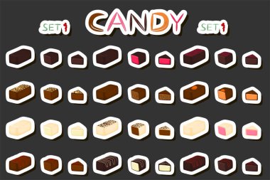 Tema üzerine illüstrasyon. Büyük sette çikolatalı şeker bonbonu, siyah çikolata kaplı şeker pudra cilası, çikolata şekeri farklı şekillerde, lezzetli bonbon şekerler.