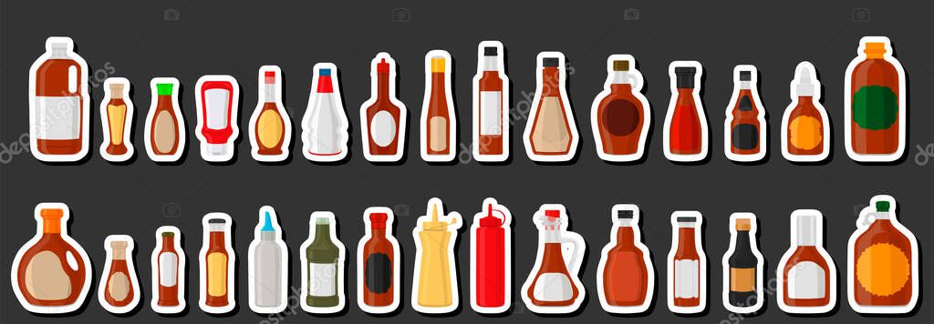 Illustration on theme kit varied glass bottles filled liquid sauce maple syrup, bottles consisting from sauce maple syrup, empty labels for titles, sauce maple syrup in full bottles with plastic cork