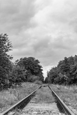 Demiryolu trenini geçtikten sonra temalı tren yoluna fotoğraf, hızlı tren treninden önce uzun tren raylarından oluşan fotoğraf, demiryolu taşımacılığı.