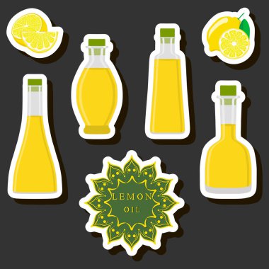 Tema üzerine resim büyük set farklı tiplerde sıvı yağ, çeşitli boyutlarda şişe, organik sağlık içeceği için yemek yağı toplamak, özel şişede yağ.