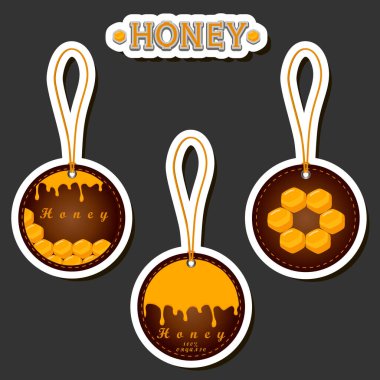 Şekerin bal peteğinde arıyla akışının etiketi üzerine bir illüstrasyon, bal peteğinden arıya, bal peteğinden büyük parlak etikete, bal peteğinden bal kovanına kadar yapışkan baldan oluşan etiketler.