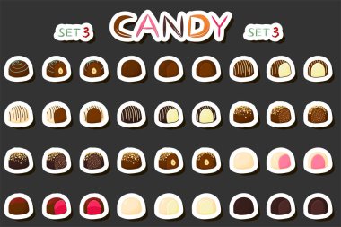 Tema üzerine illüstrasyon. Büyük sette çikolatalı şeker bonbonu, siyah çikolata kaplı şeker pudra cilası, çikolata şekeri farklı şekillerde, lezzetli bonbon şekerler.