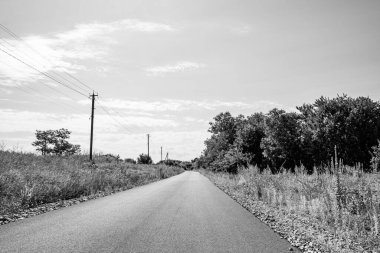 Renkli arka planda güzel boş asfalt yol, kırsal alandan geçen yeni boş asfalt yol, yeşillik kırsalında hız arabası için boş asfalt yol.
