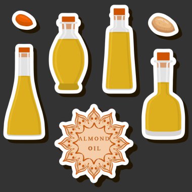 Tema üzerine resim büyük set farklı tiplerde sıvı yağ, çeşitli boyutlarda şişe, organik sağlık içeceği için yemek yağı toplamak, özel şişede yağ.