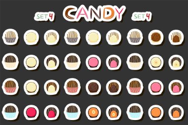 Tema üzerine illüstrasyon. Büyük sette çikolatalı şeker bonbonu, siyah çikolata kaplı şeker pudra cilası, çikolata şekeri farklı şekillerde, lezzetli bonbon şekerler.