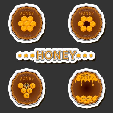 Şekerin bal peteğinde arıyla akışının etiketi üzerine bir illüstrasyon, bal peteğinden arıya, bal peteğinden büyük parlak etikete, bal peteğinden bal kovanına kadar yapışkan baldan oluşan etiketler.